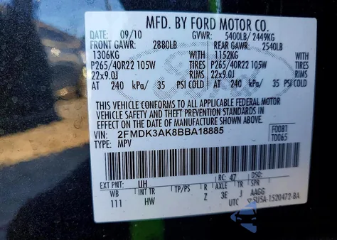 2011 Ford Edge Sport from USA, damaged, VIN 2FMDK3AK8BBA18885